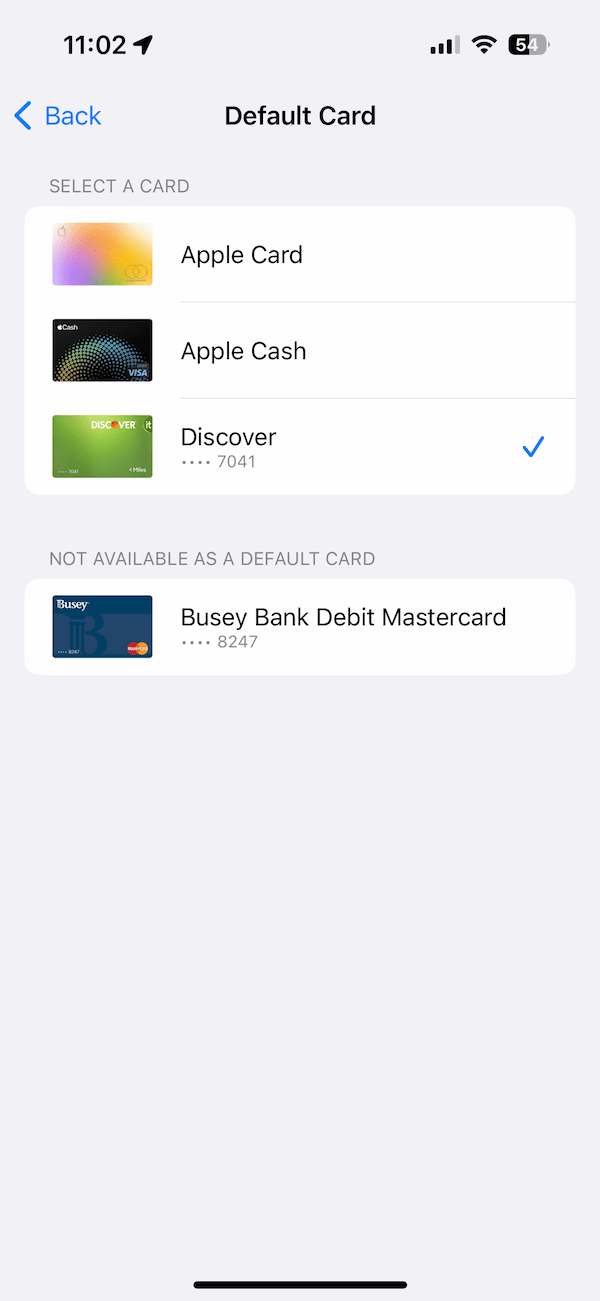 Selecting a default card option screen
