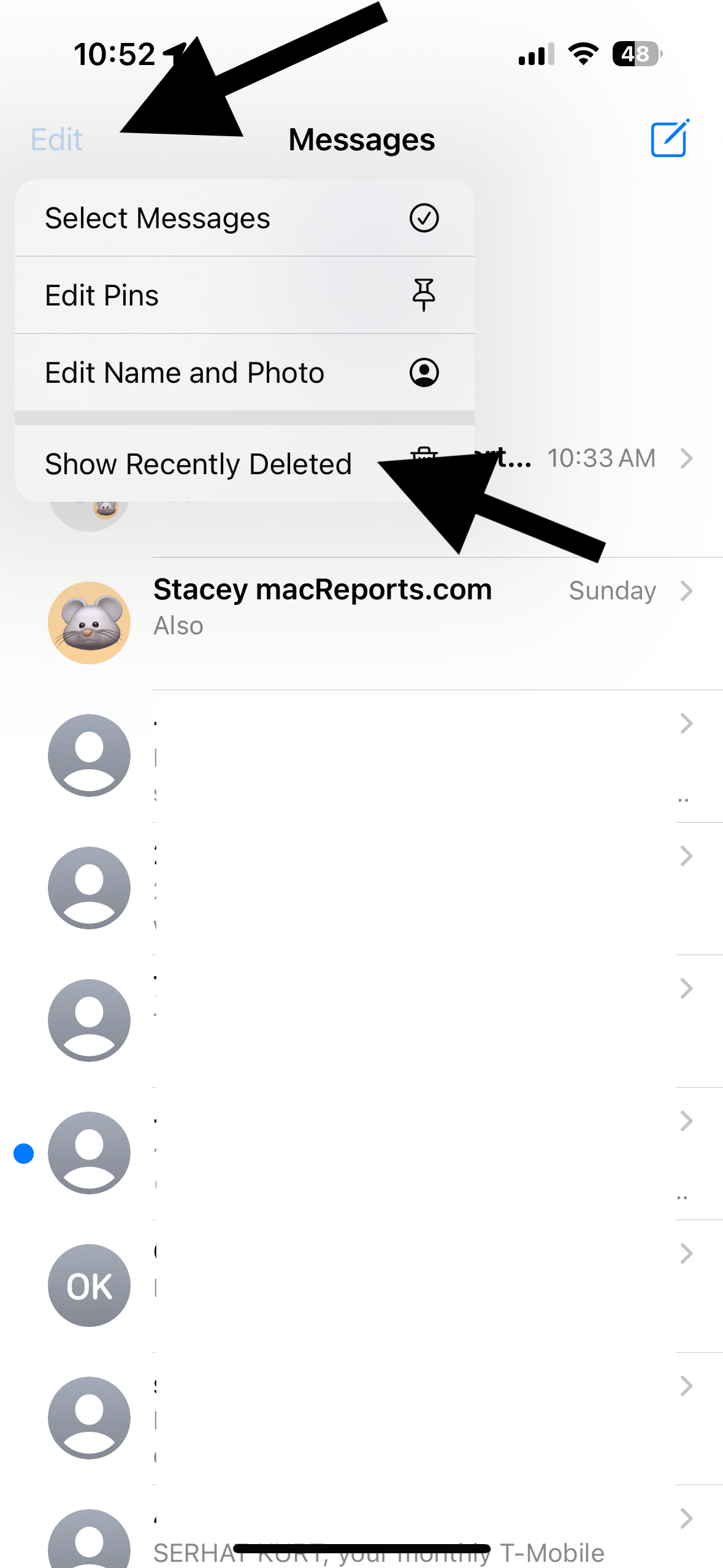 Edit and Show Recently Deleted button