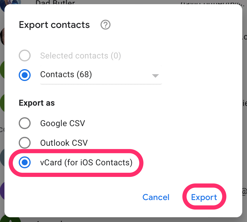 google export contacts as vCard for iOS contacts
