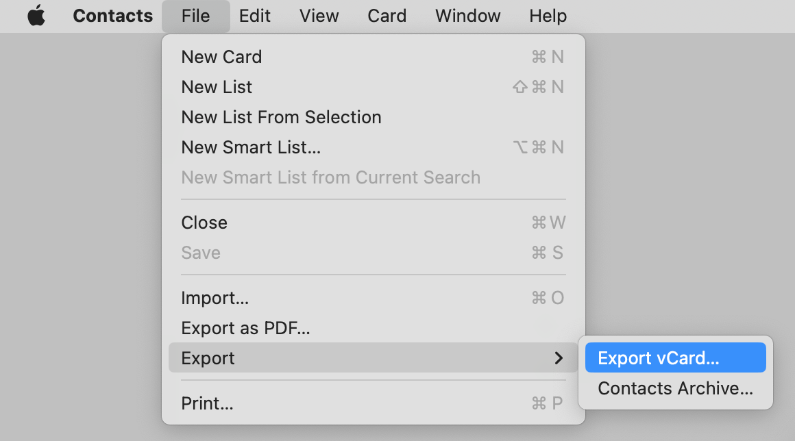 export card from Mac contacts app