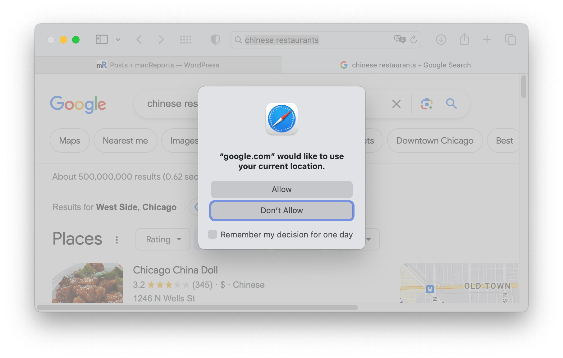 google would like to use your current location popup in Safari on Mac