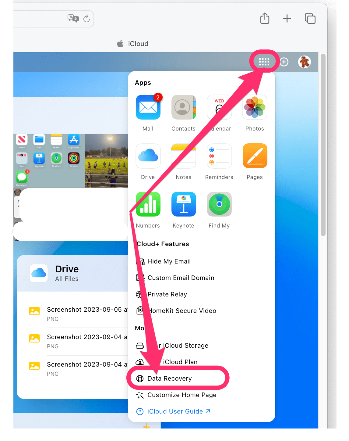 iCloud.com apps grid button data recovery