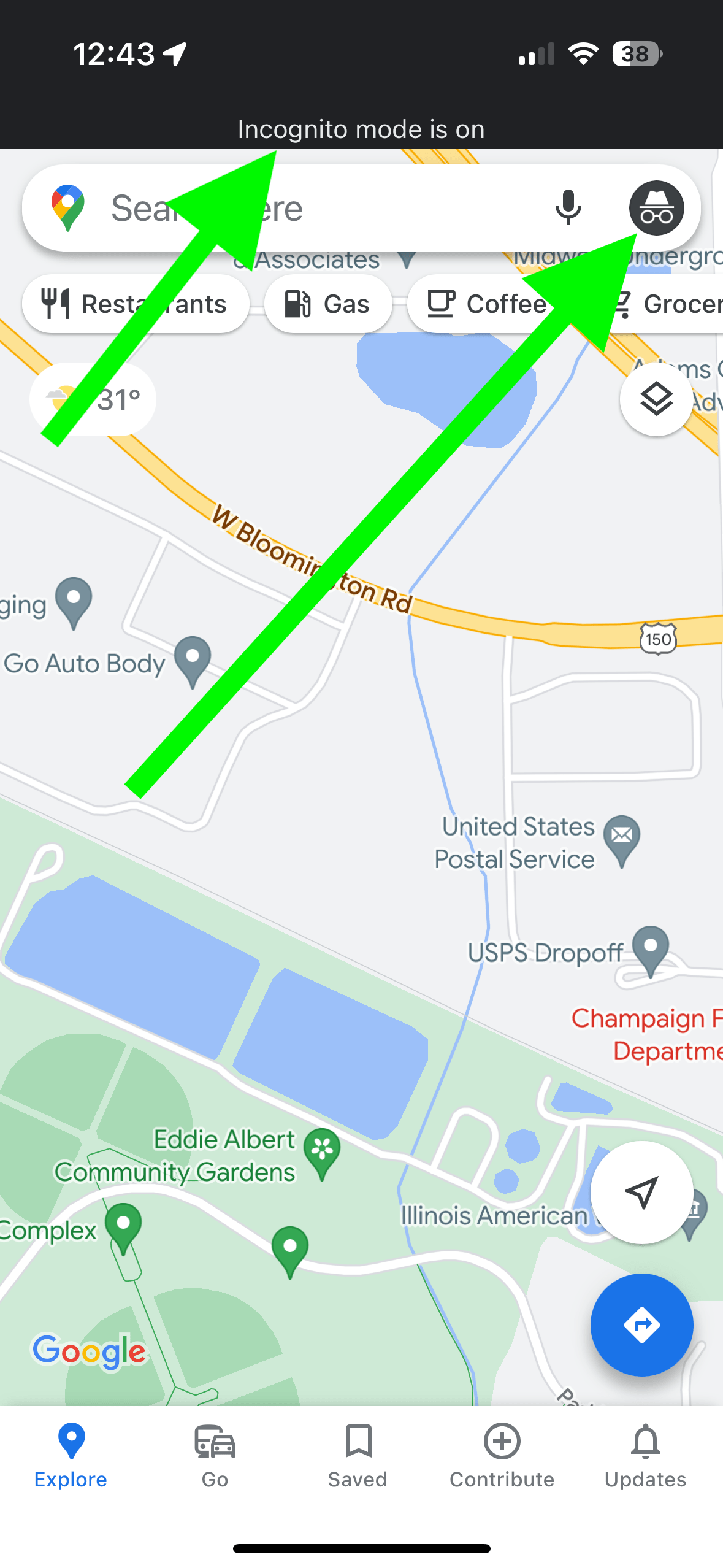 Google Maps screen with Incognito mode 