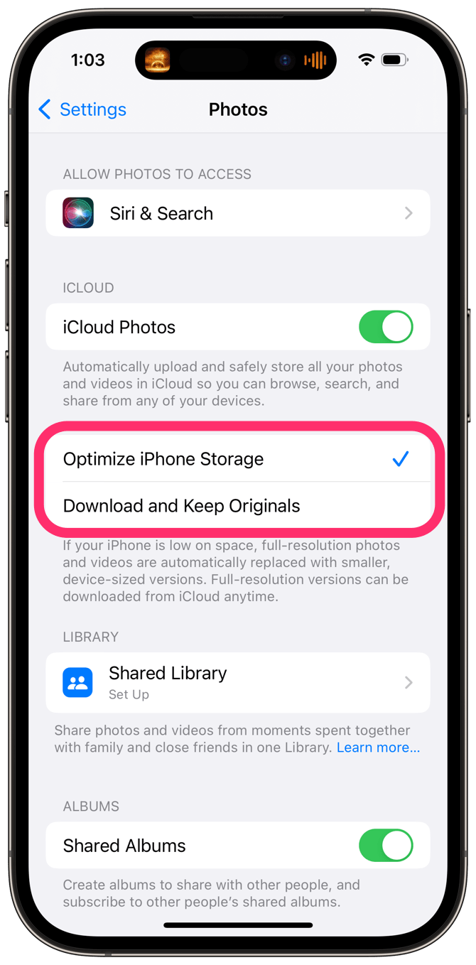 optimized photo storage on iPhone