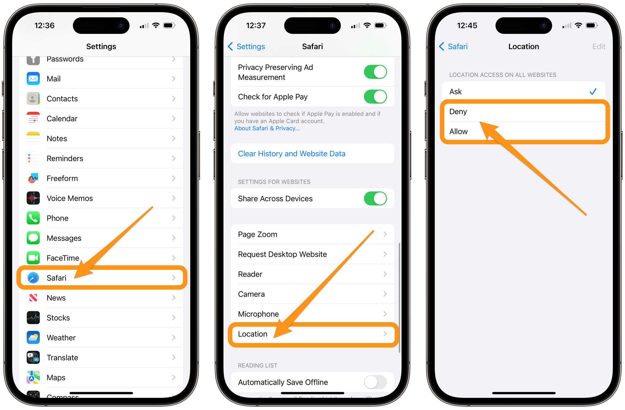 iPhone settings safari location deny