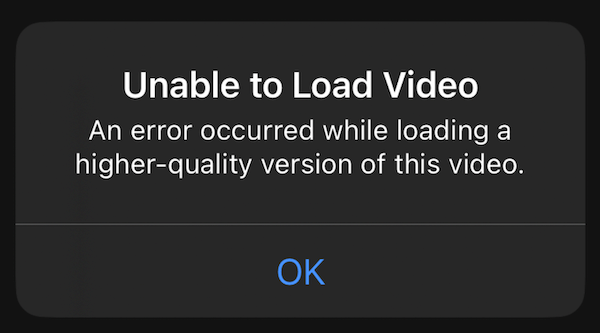 unable to load video error message on iPhone