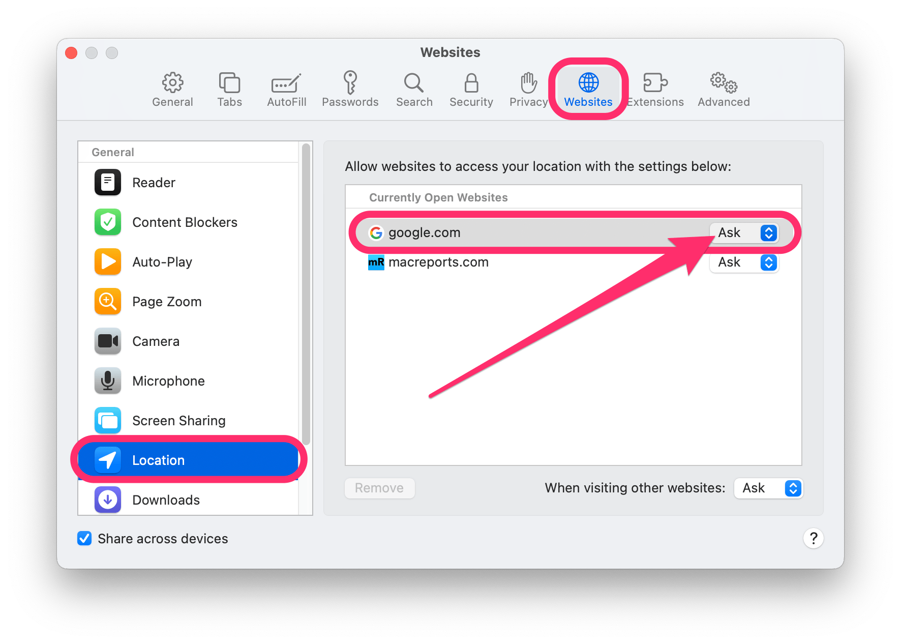 safari settings websites location google on Mac
