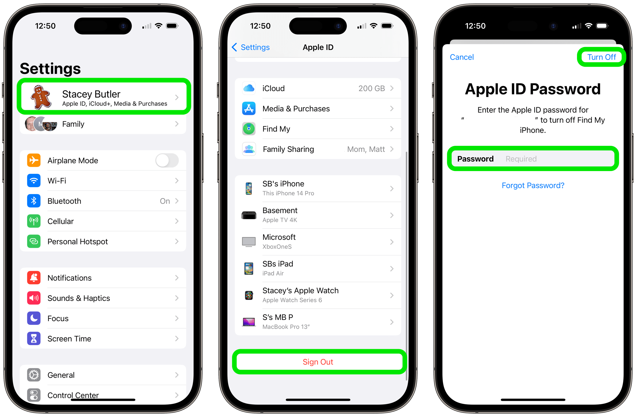 settings Apple ID sign out password turn off on iPhone