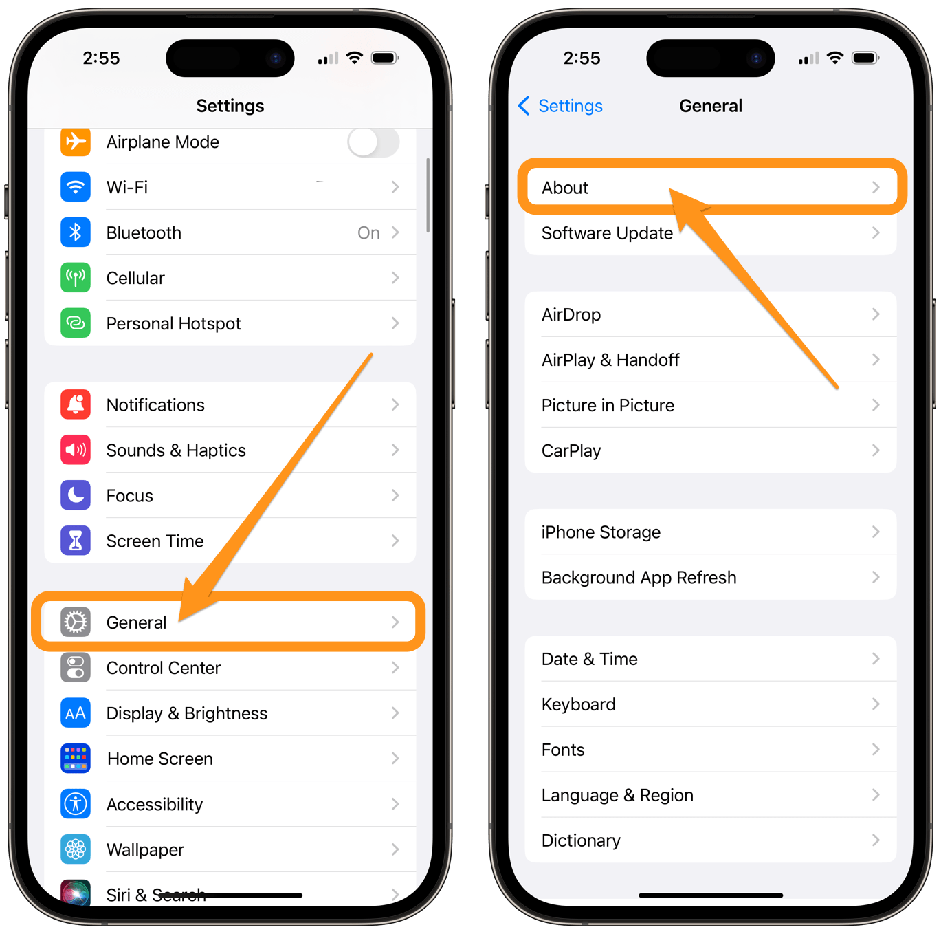 settings general about on iPhone