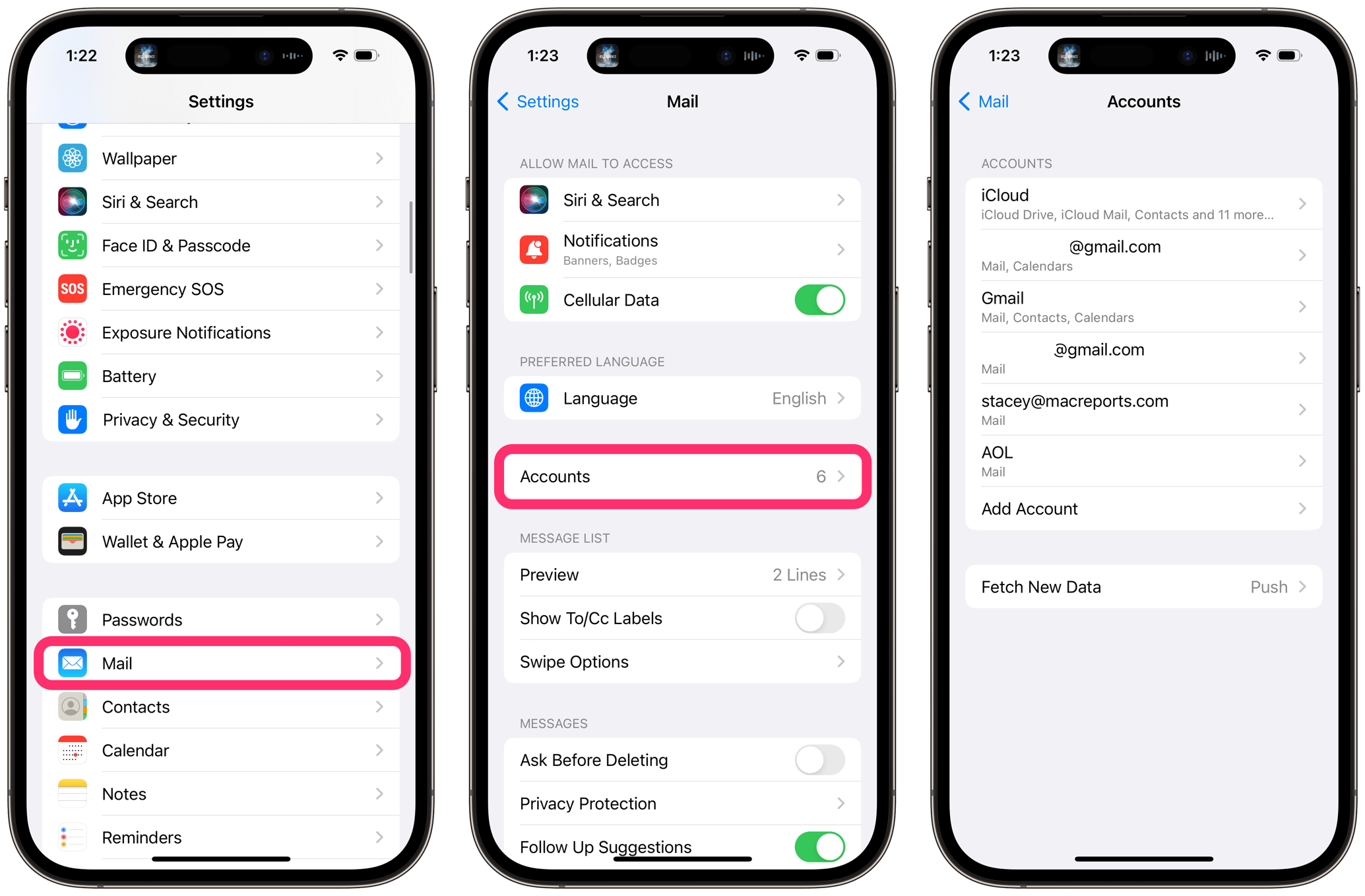 settings mail accounts on iPhone