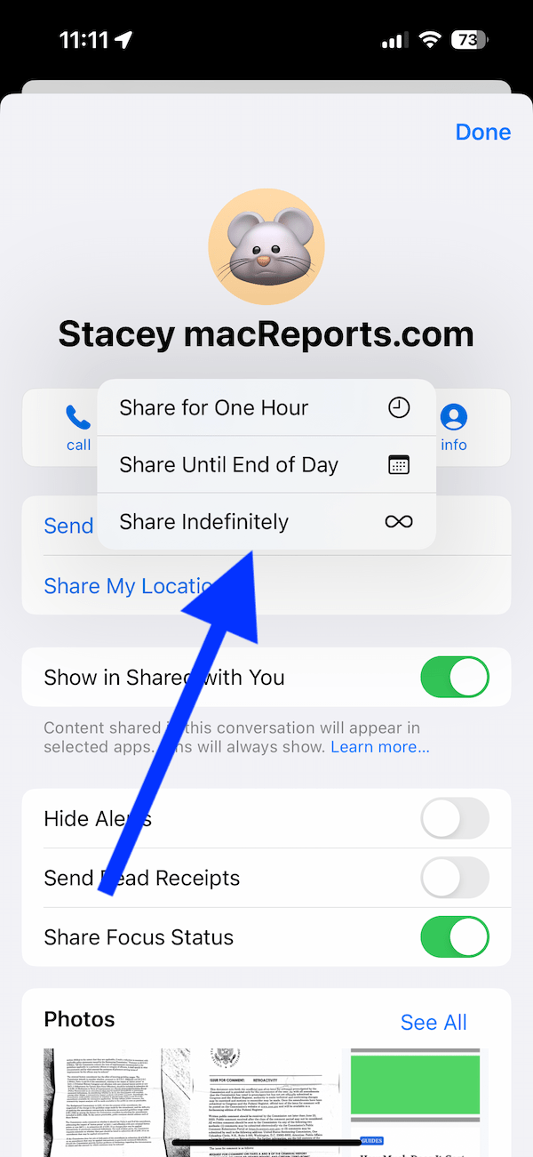 Share Duration screen on iPhone