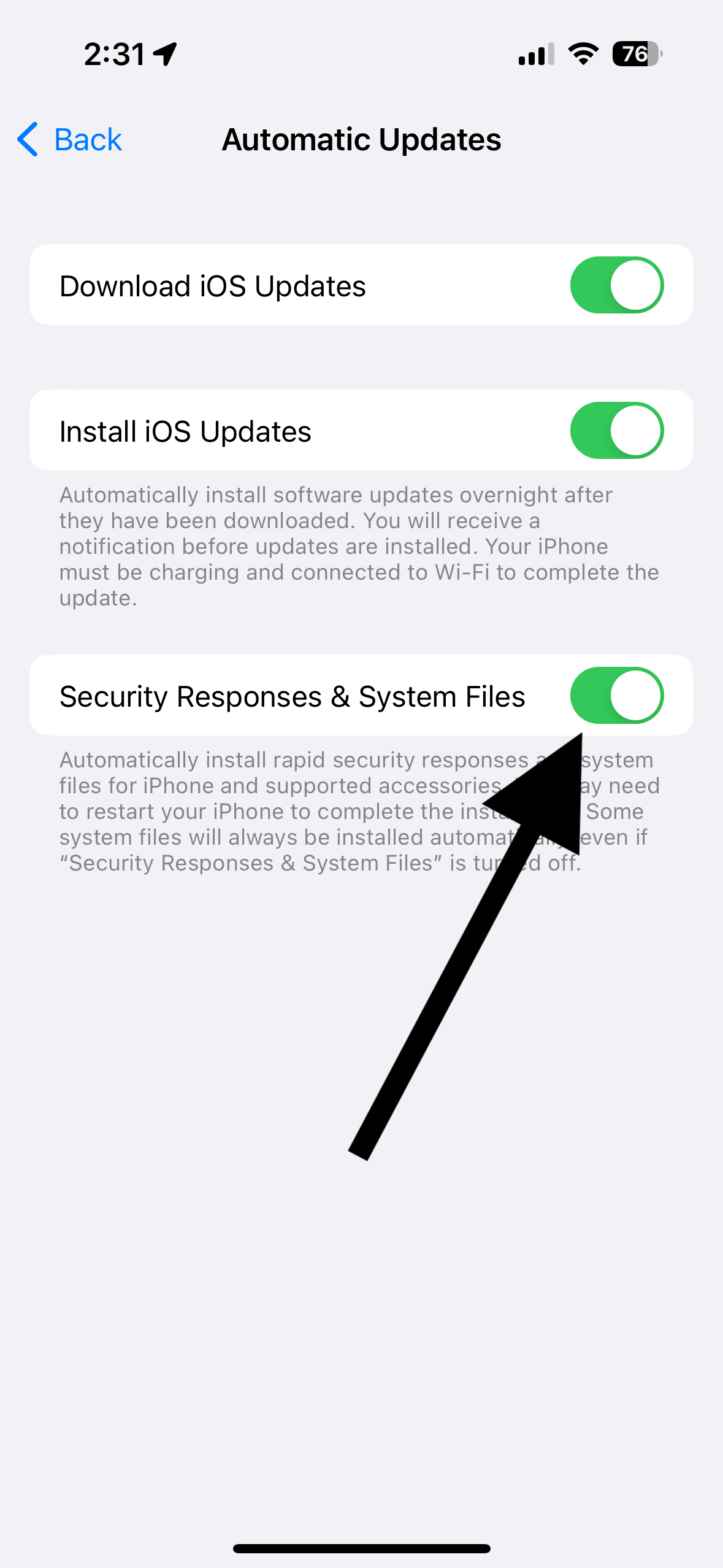 Security Response and System Files updates option to turn on and off