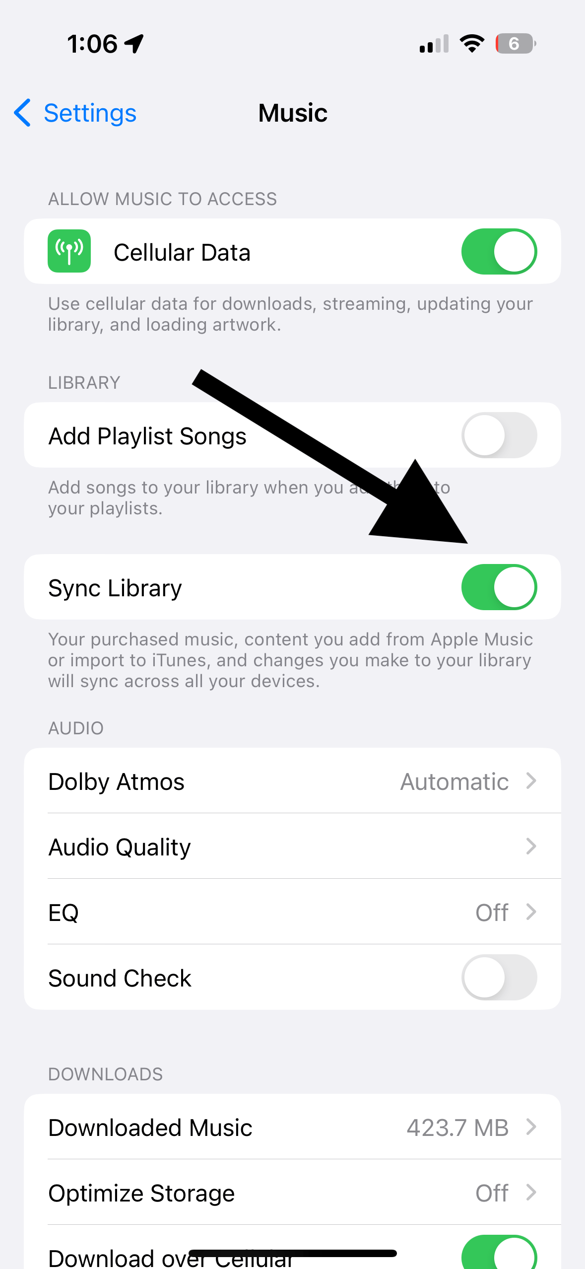 Sync Library option on iPhone