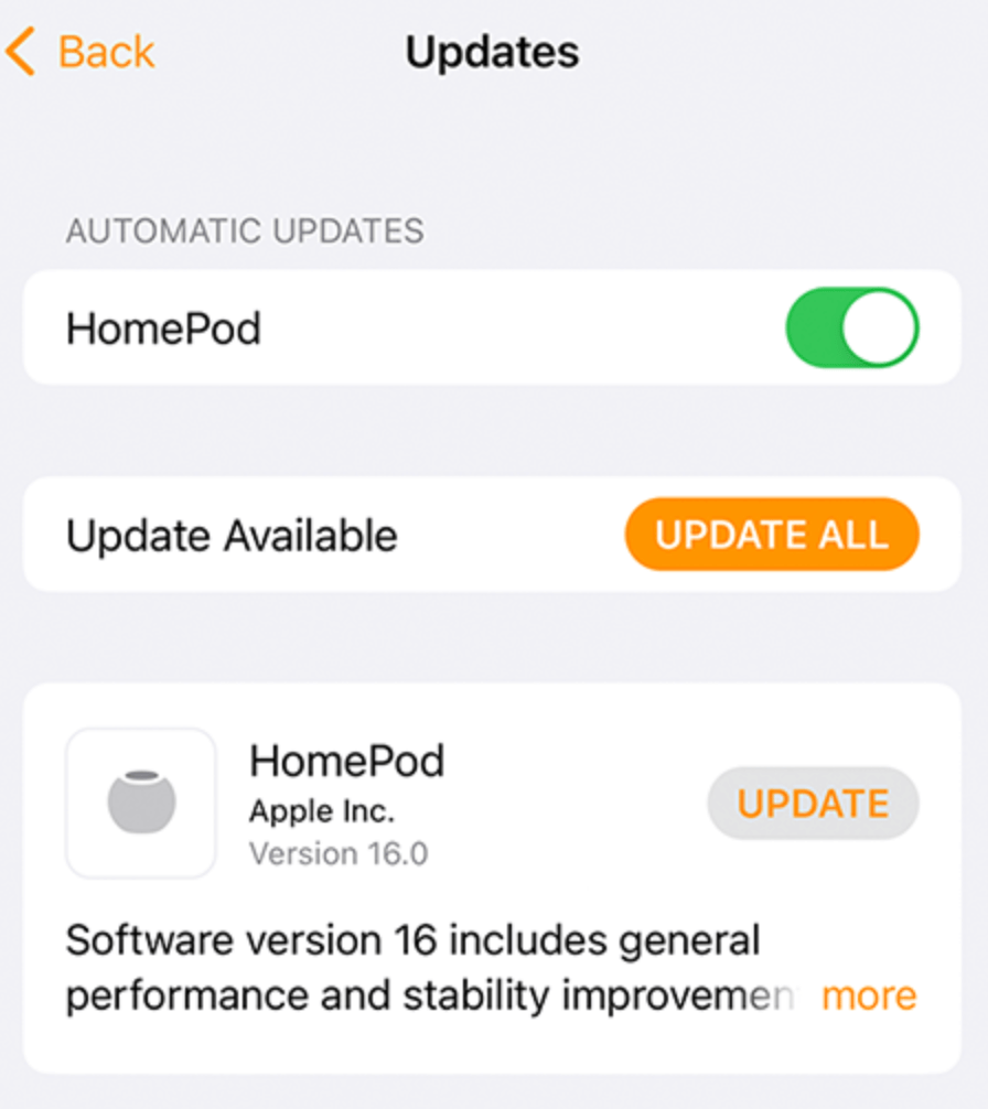 HomePod update option