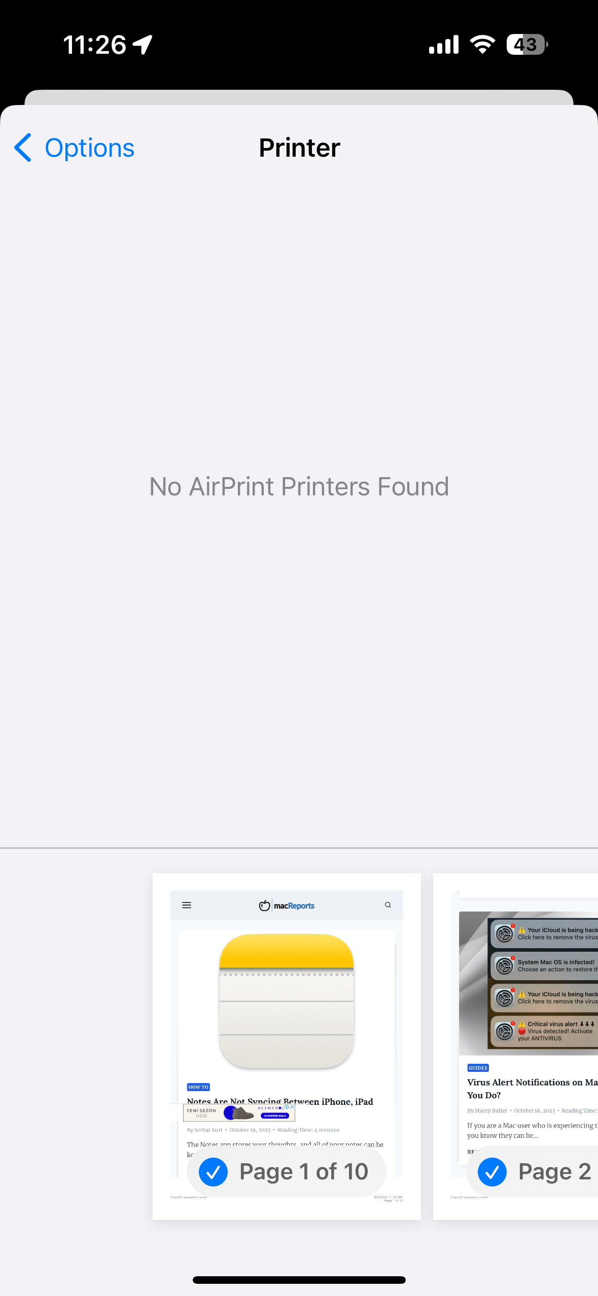 AirPrint error screen