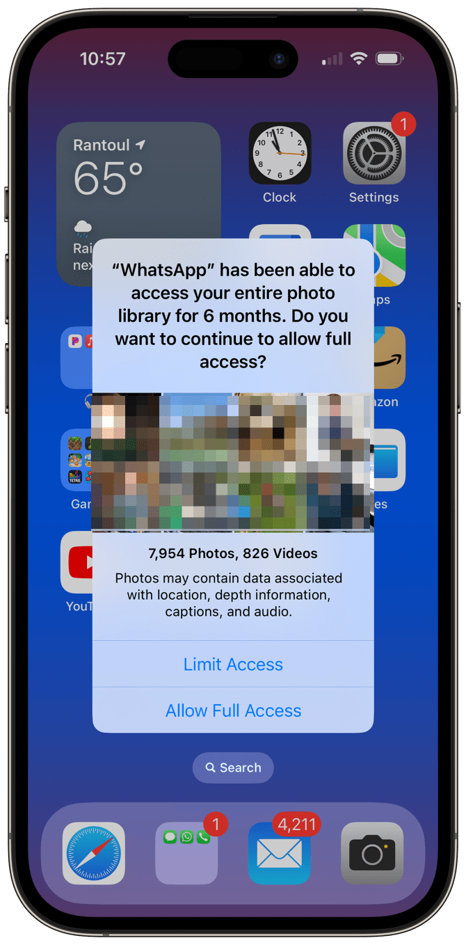 app has been able to access your entire photo library popup on iPhone