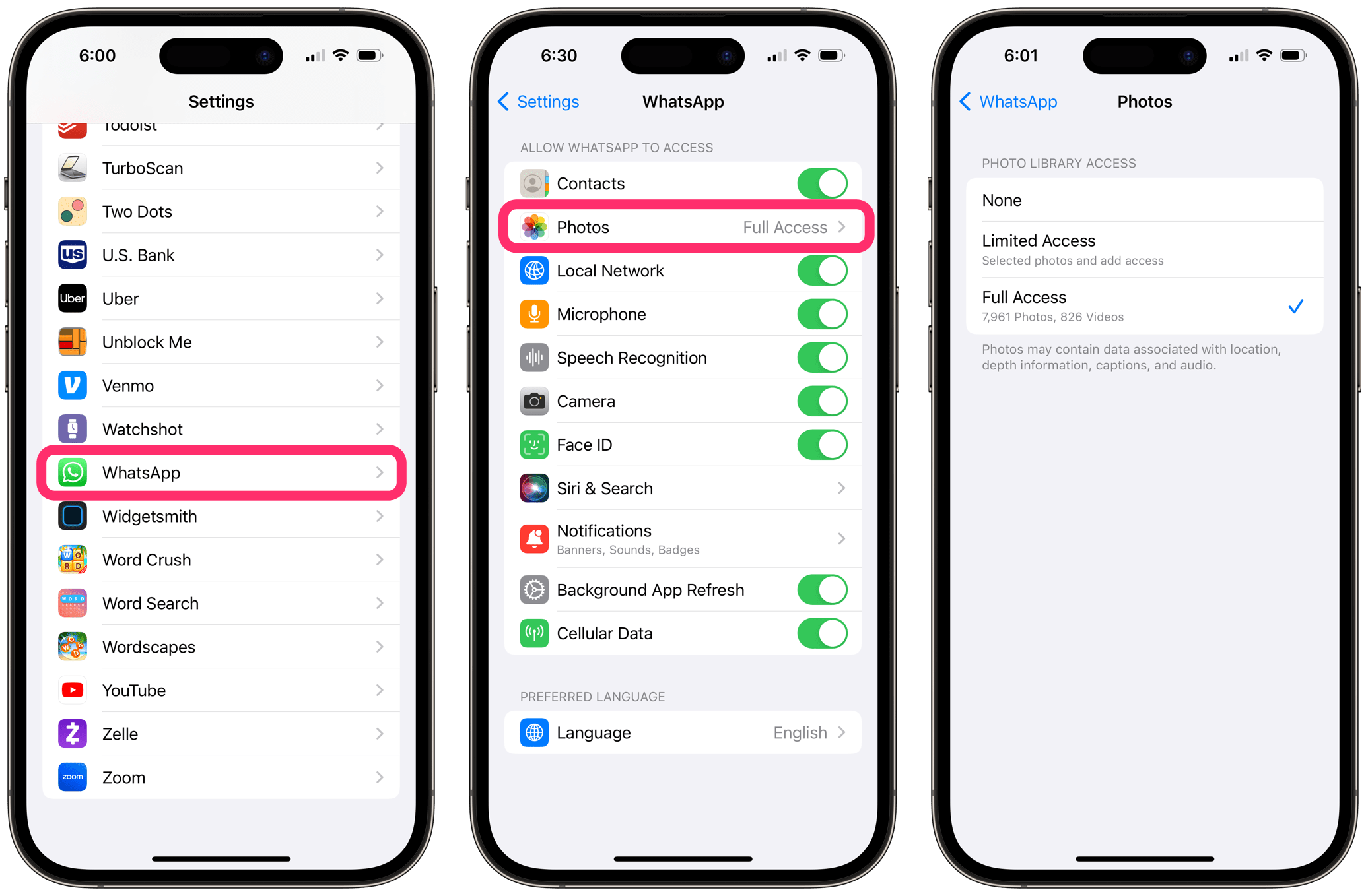 photos access for an app in settings on iPhone