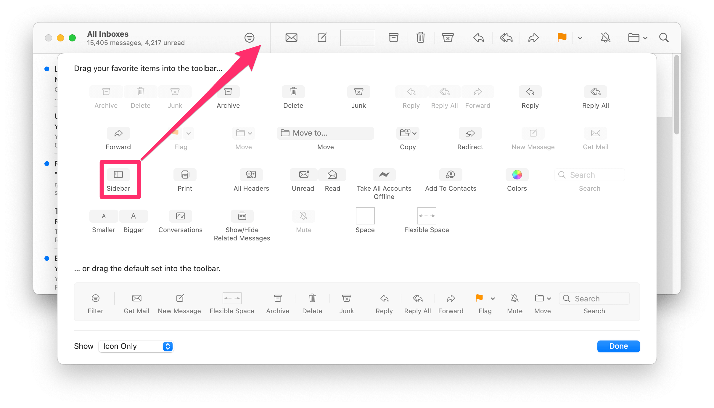 sidebar button in mail on Mac customize toolbar