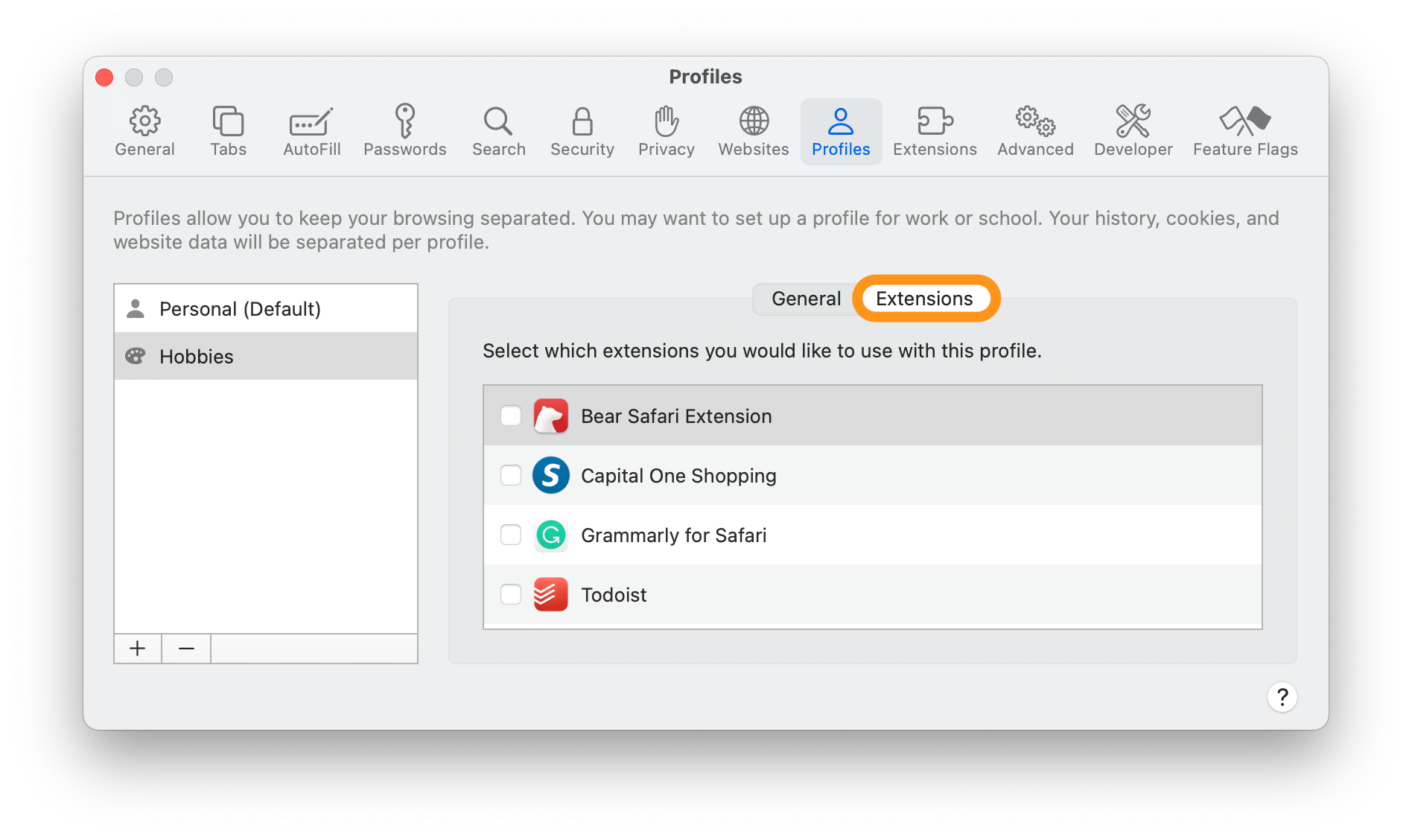 safari profiles extensions on Mac