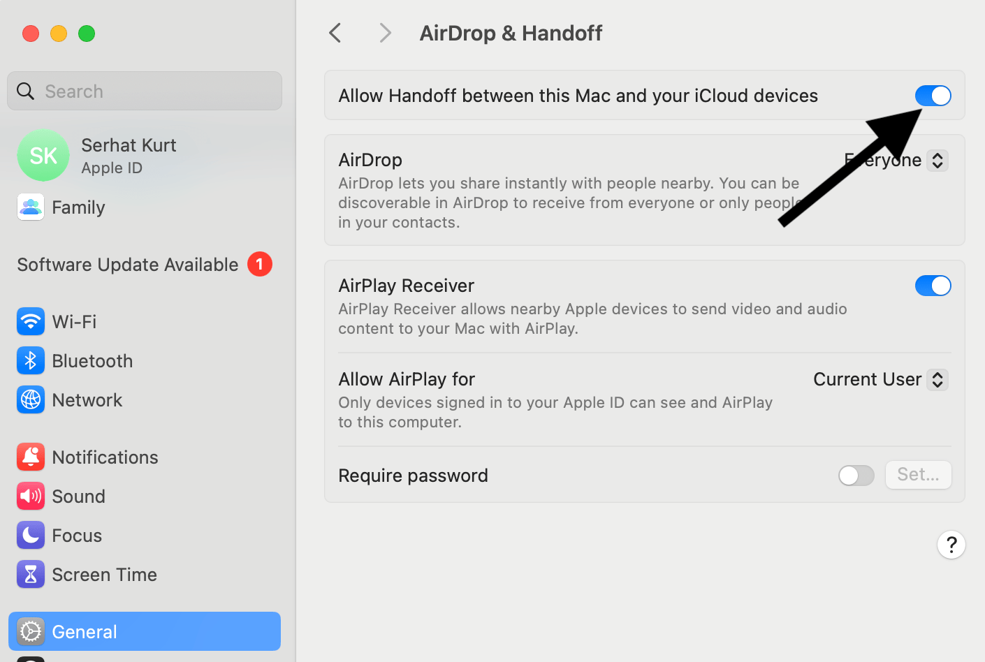 Mac setting screen showing the Handoff option