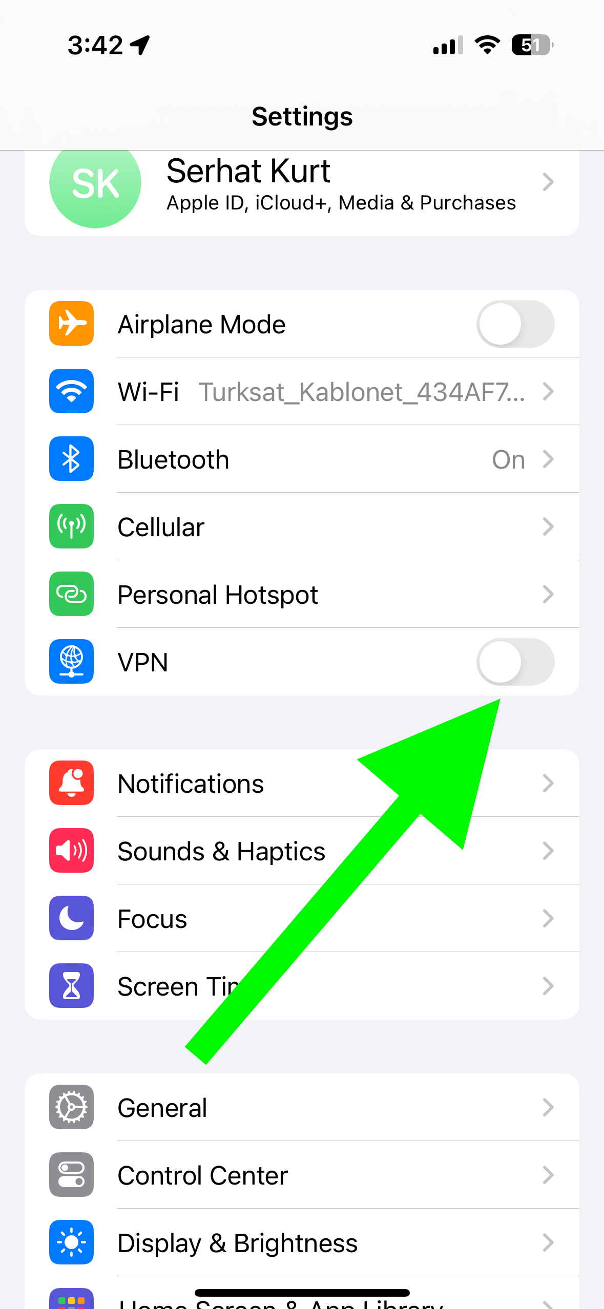 iPhone Settings screenshot showing the VPN setting