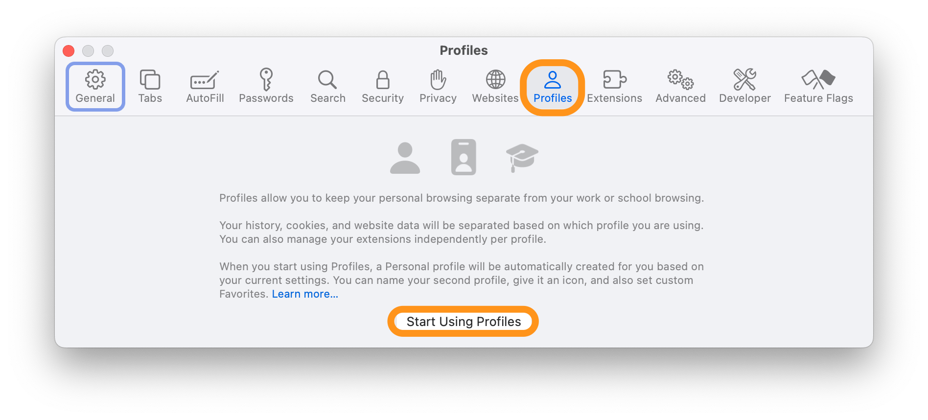 safari settings profiles on Mac