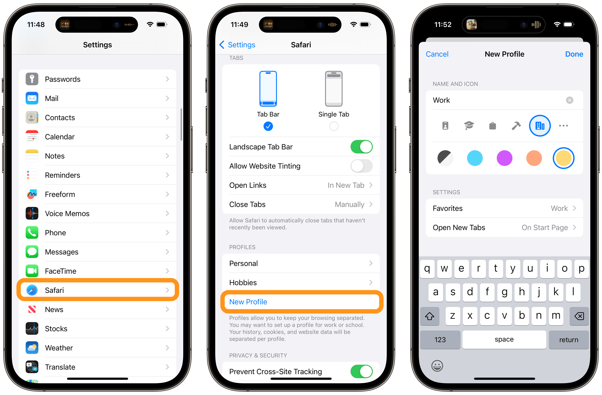 settings safari new profile on iPhone