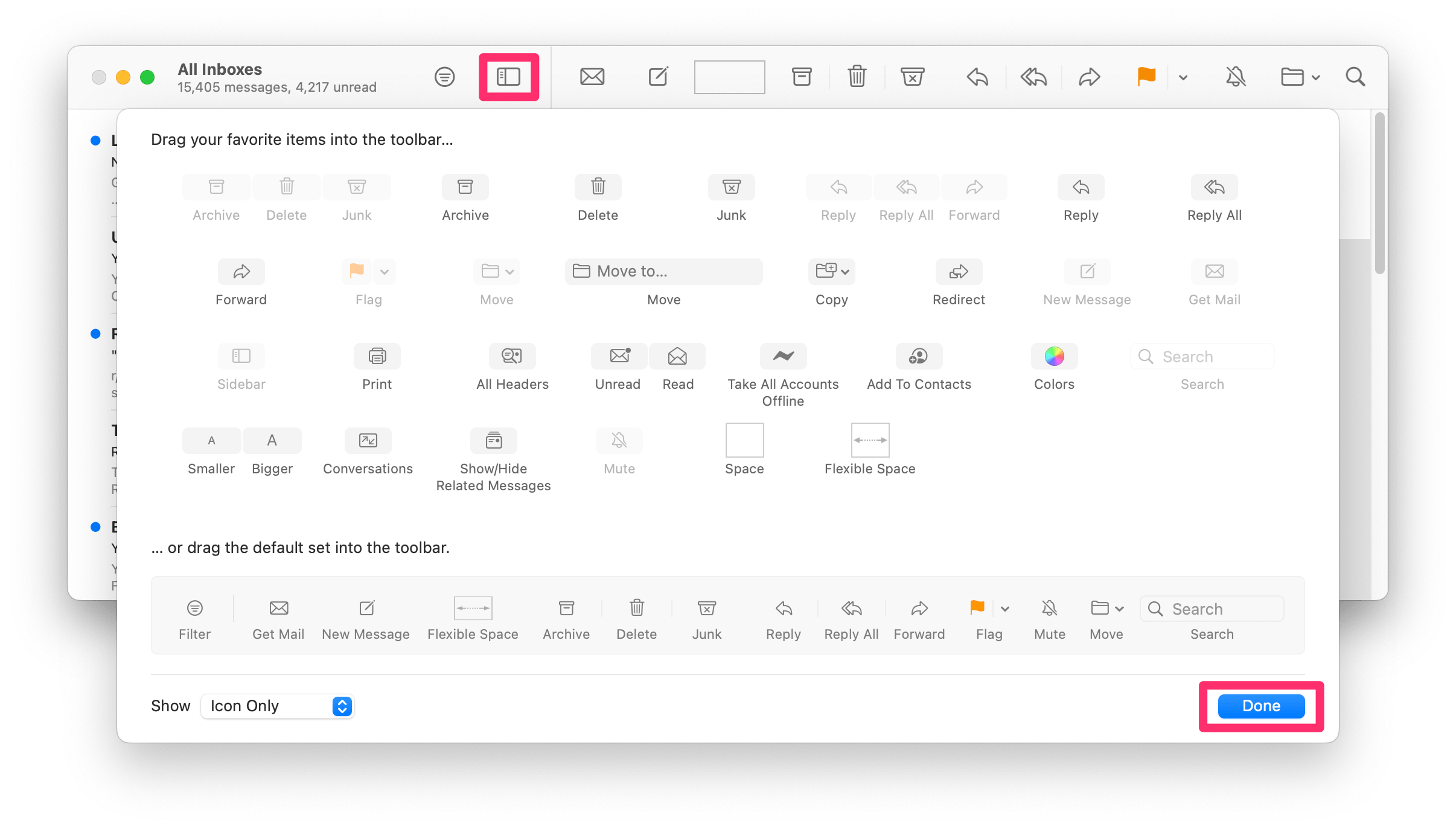 sidebar button now in Mail toolbar. access all mailboxes