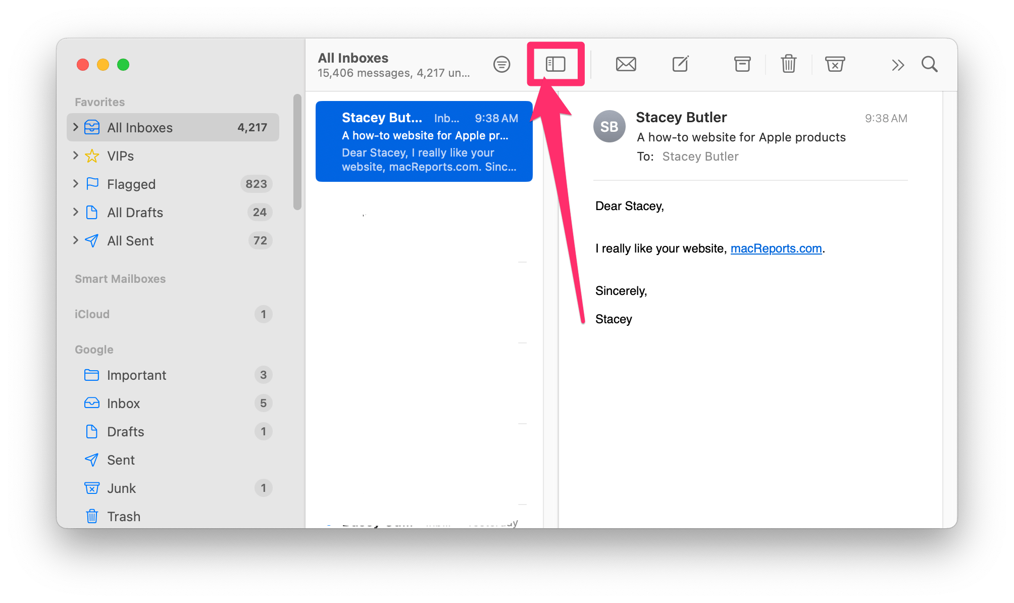 Mac mail app with sidebar button and all mailboxes showing in sidebar