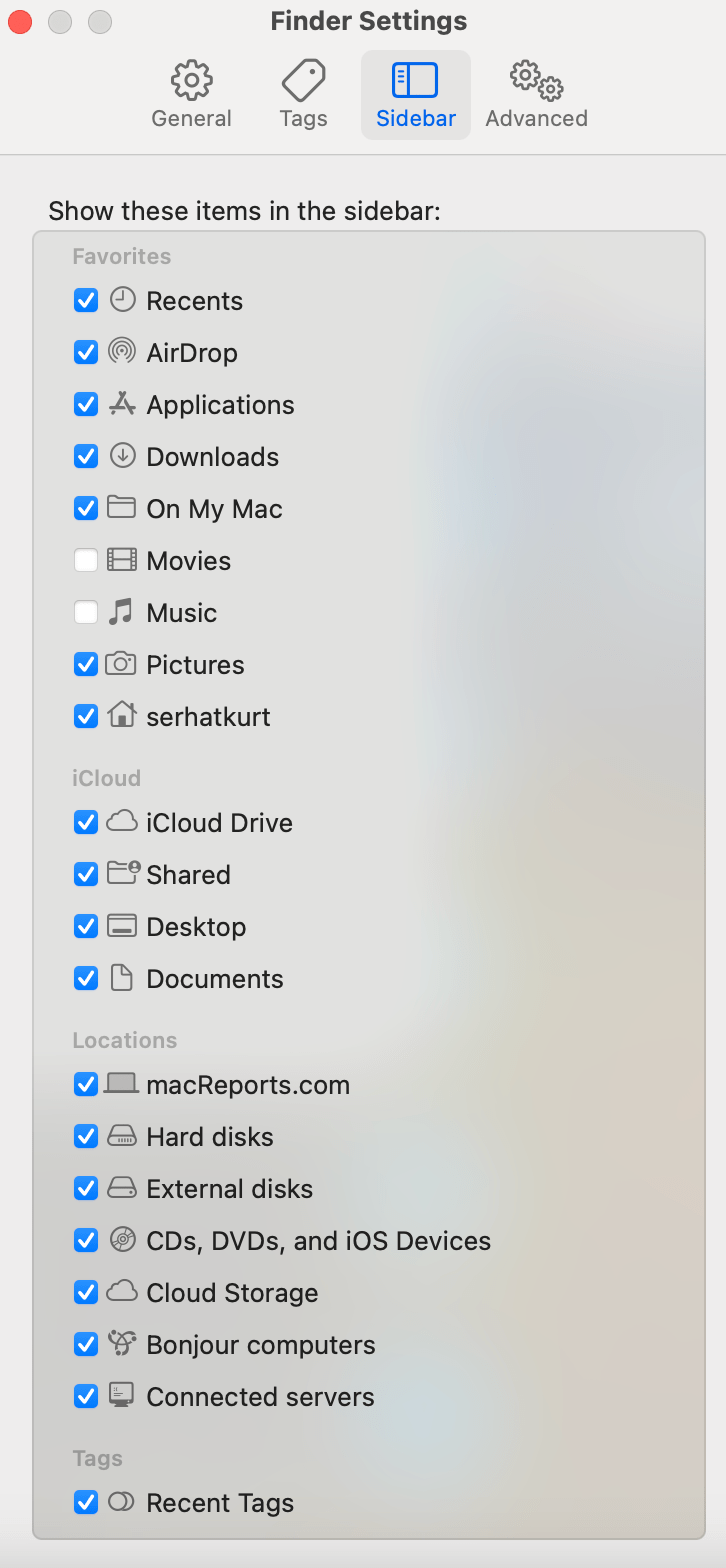 Finder settings showing the Sidebar options