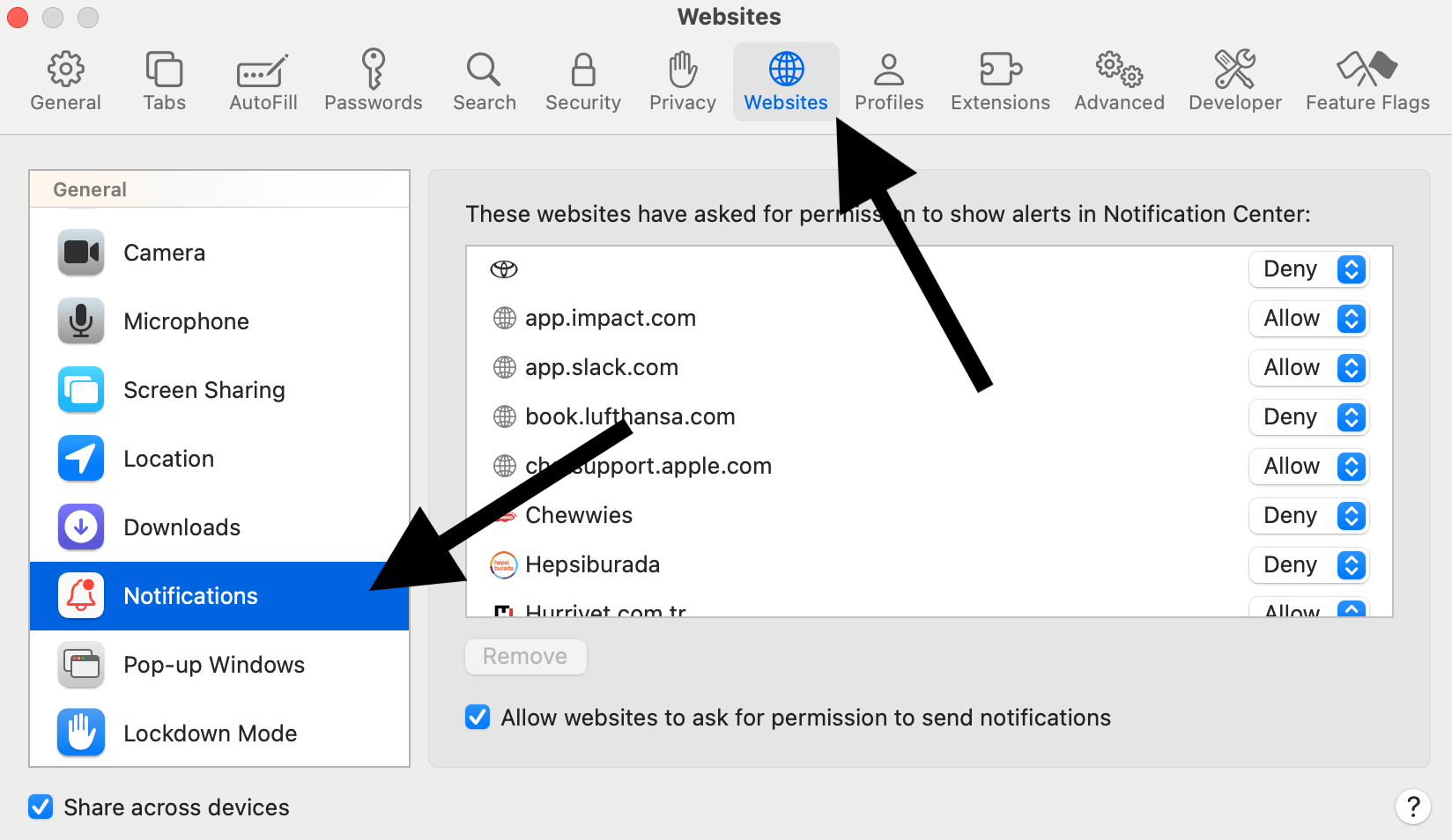 Safari Notifications settings screen