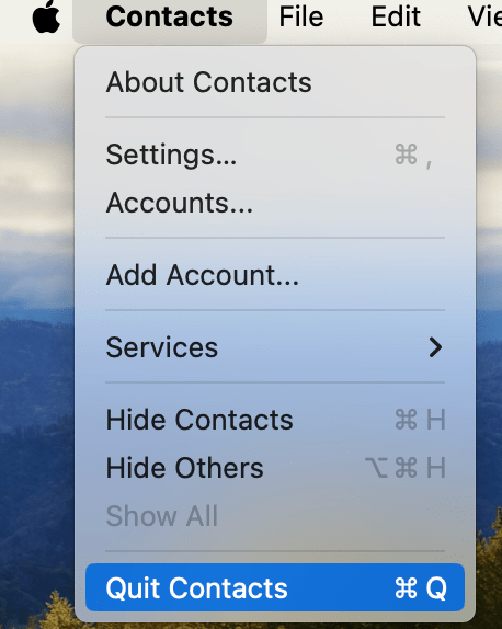 Quit Contacts options in Contacts