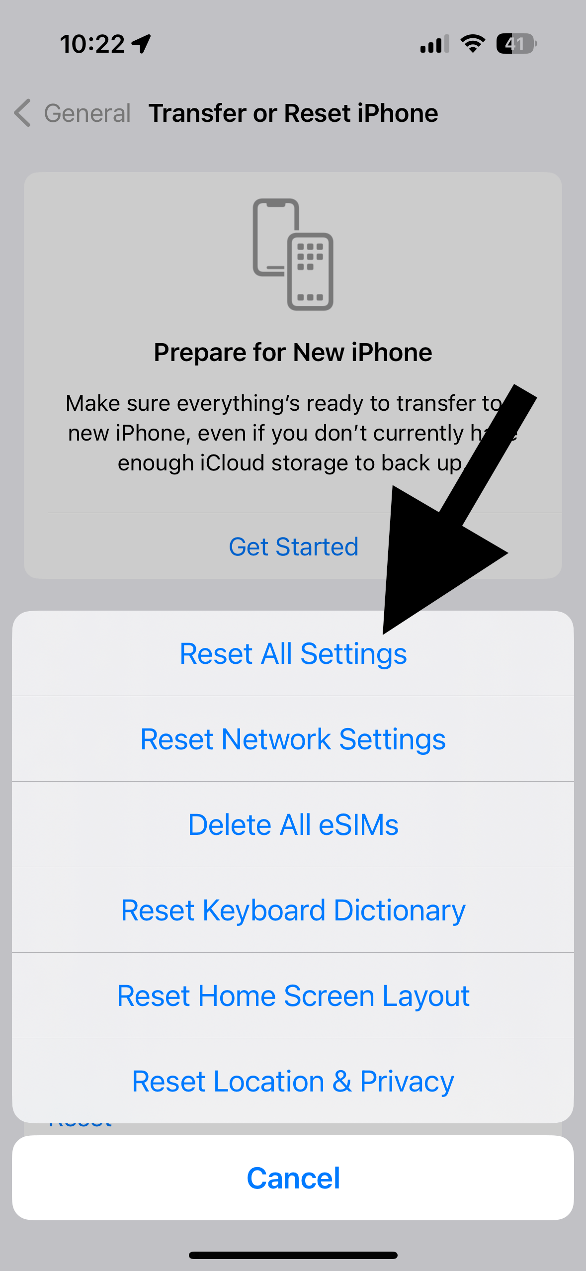 Reset All Settings screen on iPhone