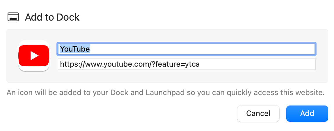 Add to Dock popup 