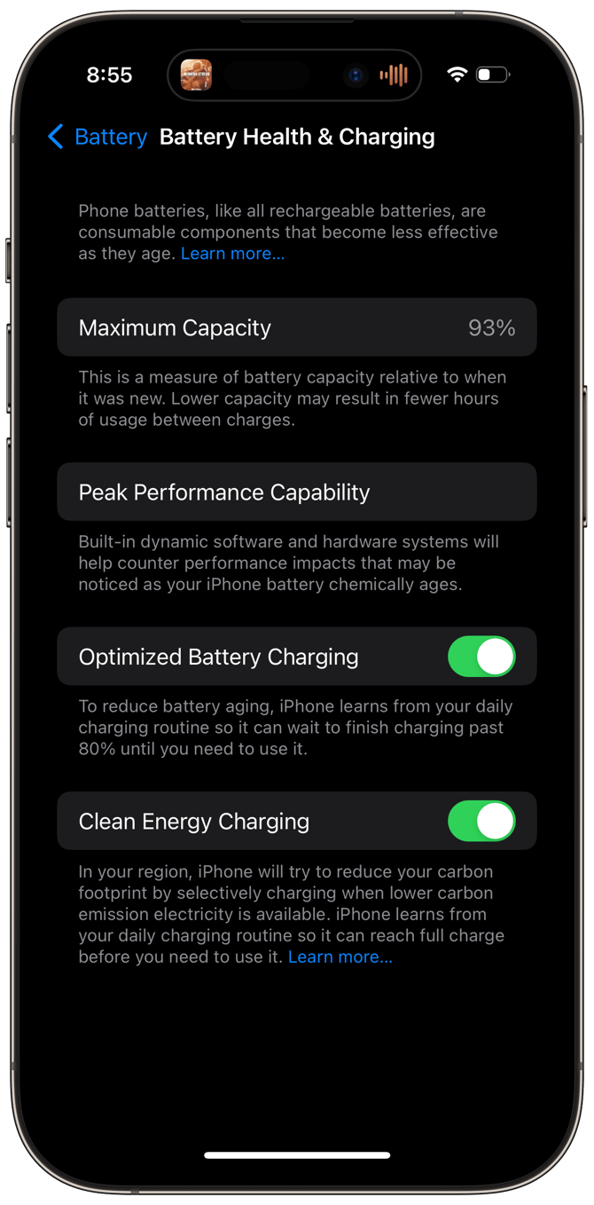 battery health in settings on iPhone