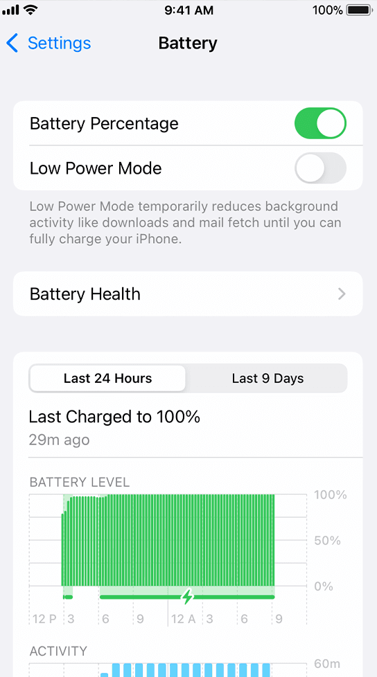 iPhone battery setting screen