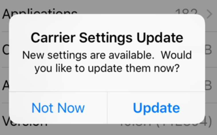 Carrier Settings Update popup screen