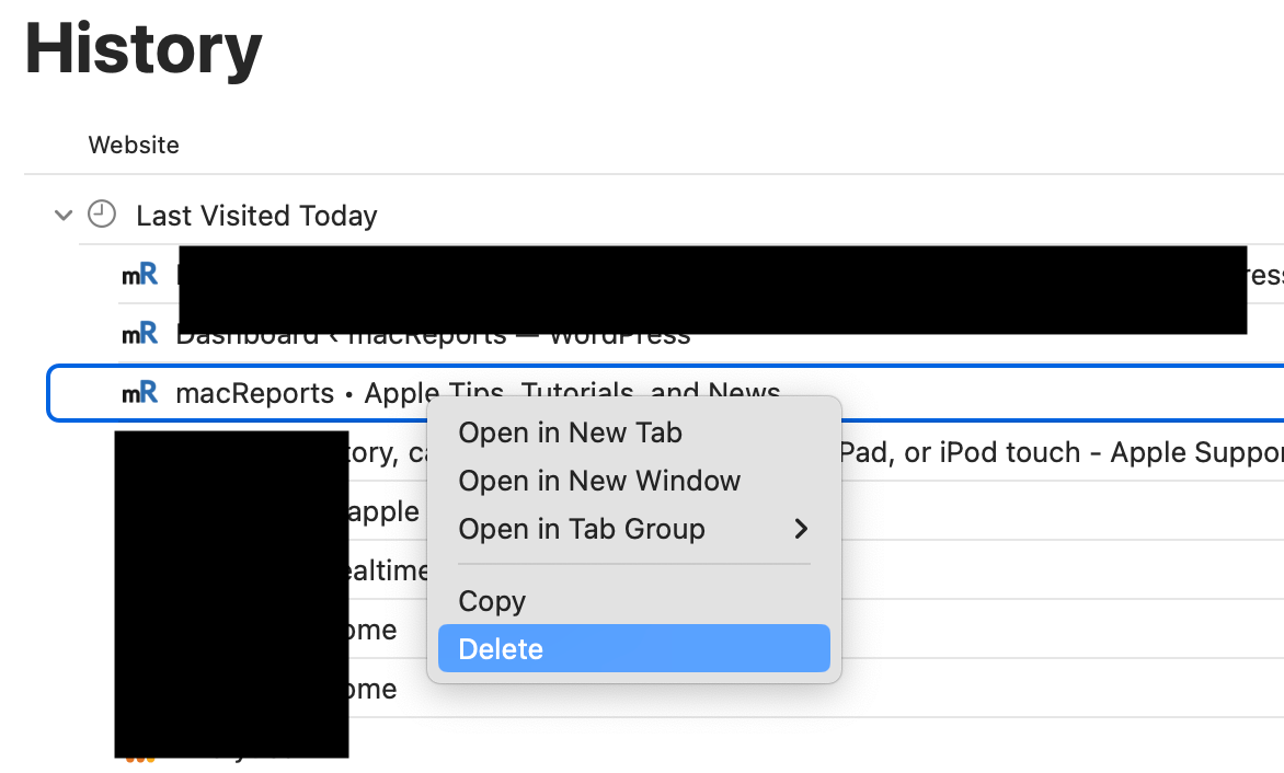 Delete option in Mac Safari