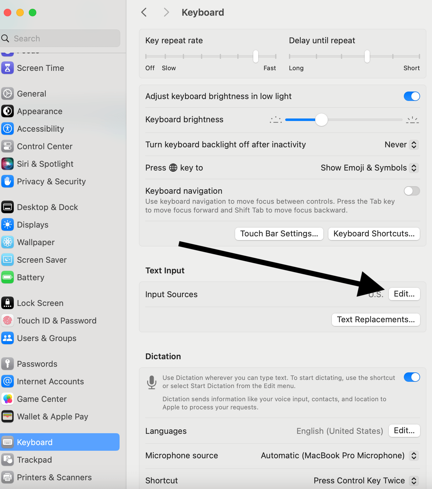 Keyboard settings screen on Mac