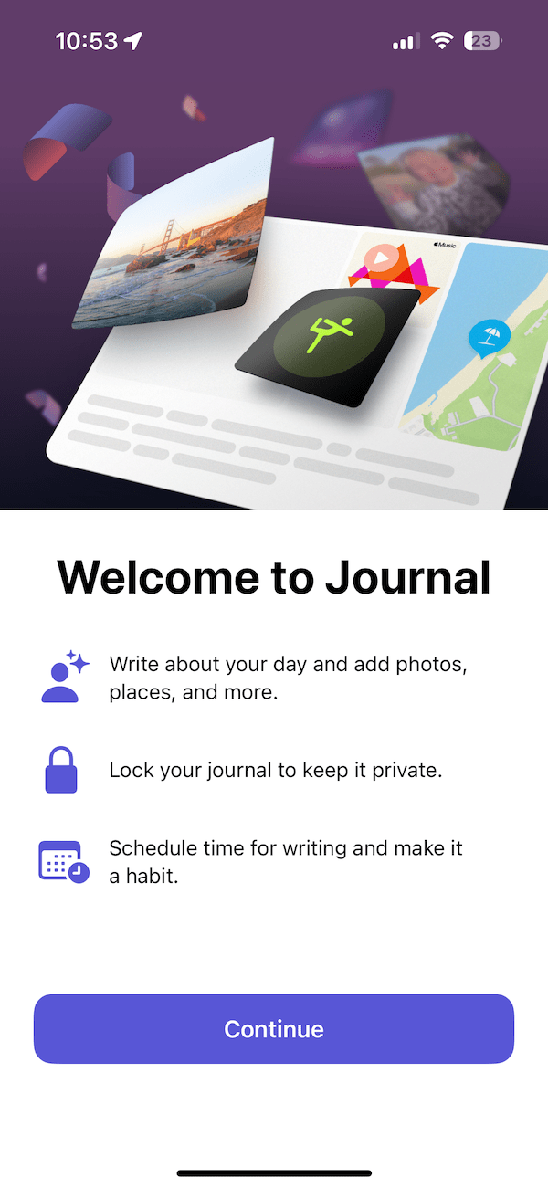 Journal app welcome screen