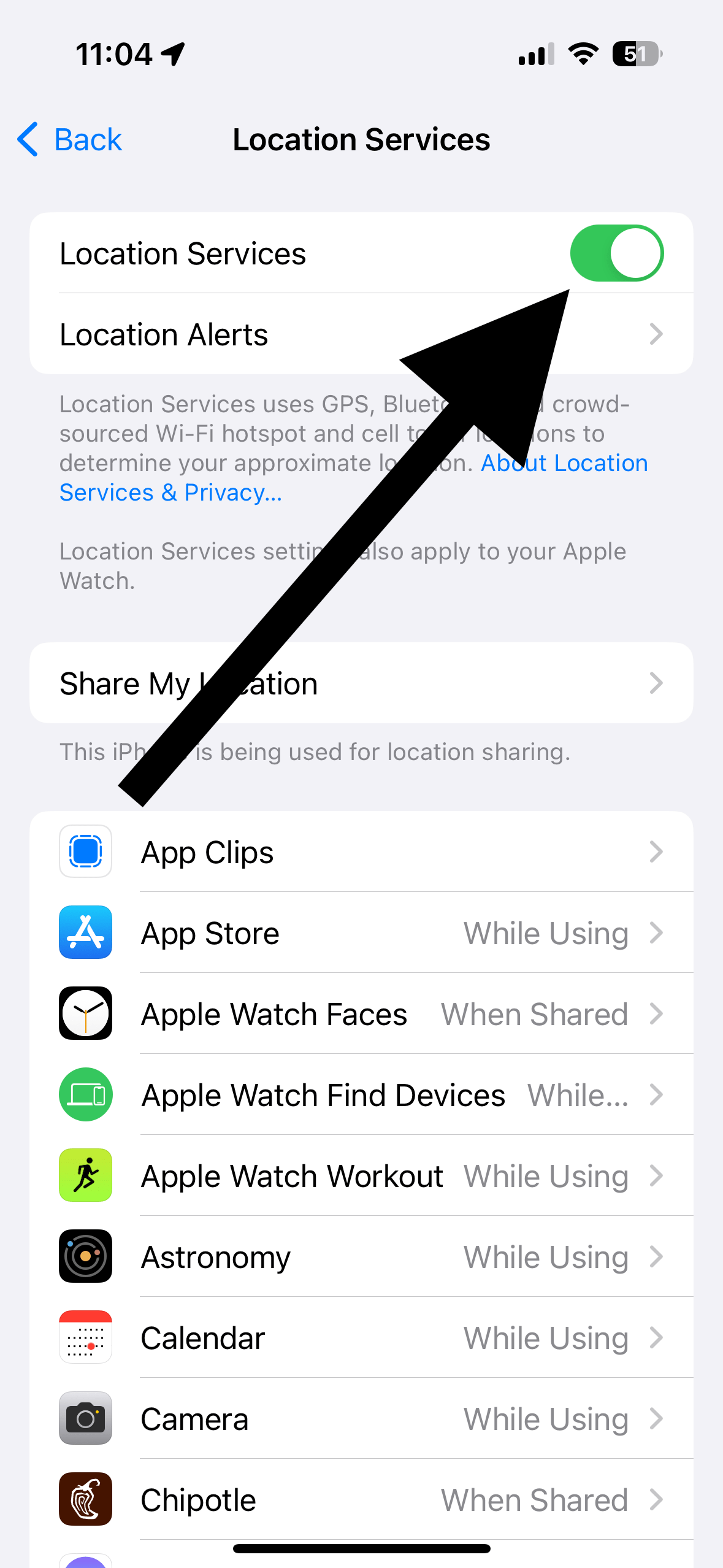 Location Services button in Settings