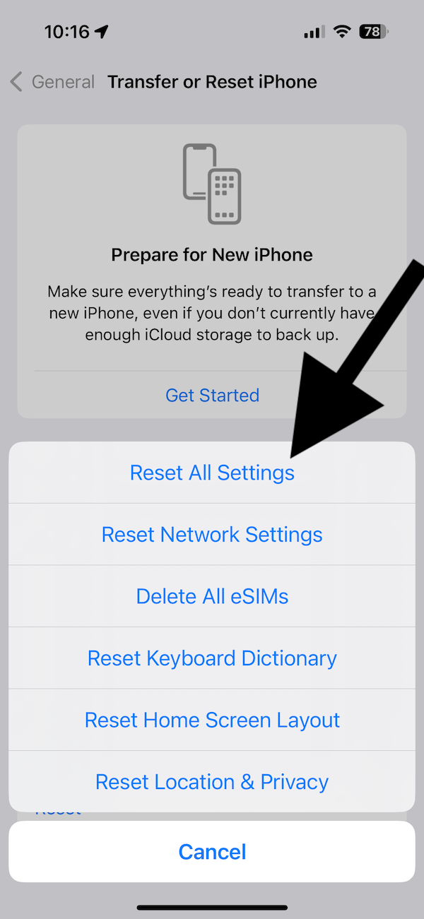 Reset All Settings option on iPhone