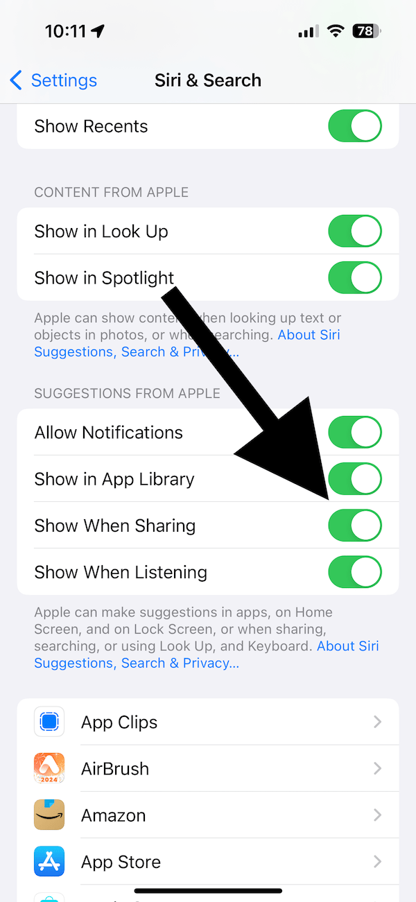 Show When Sharing option in Siri and Search settings