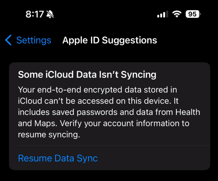 Some iCloud Data Isn't Syncing error screen