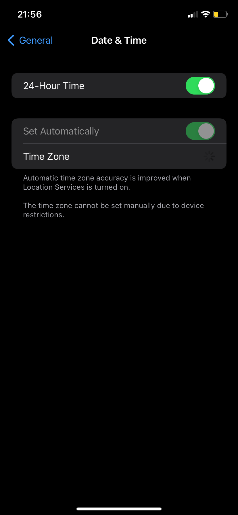 Time zone cannot be set manually error screen