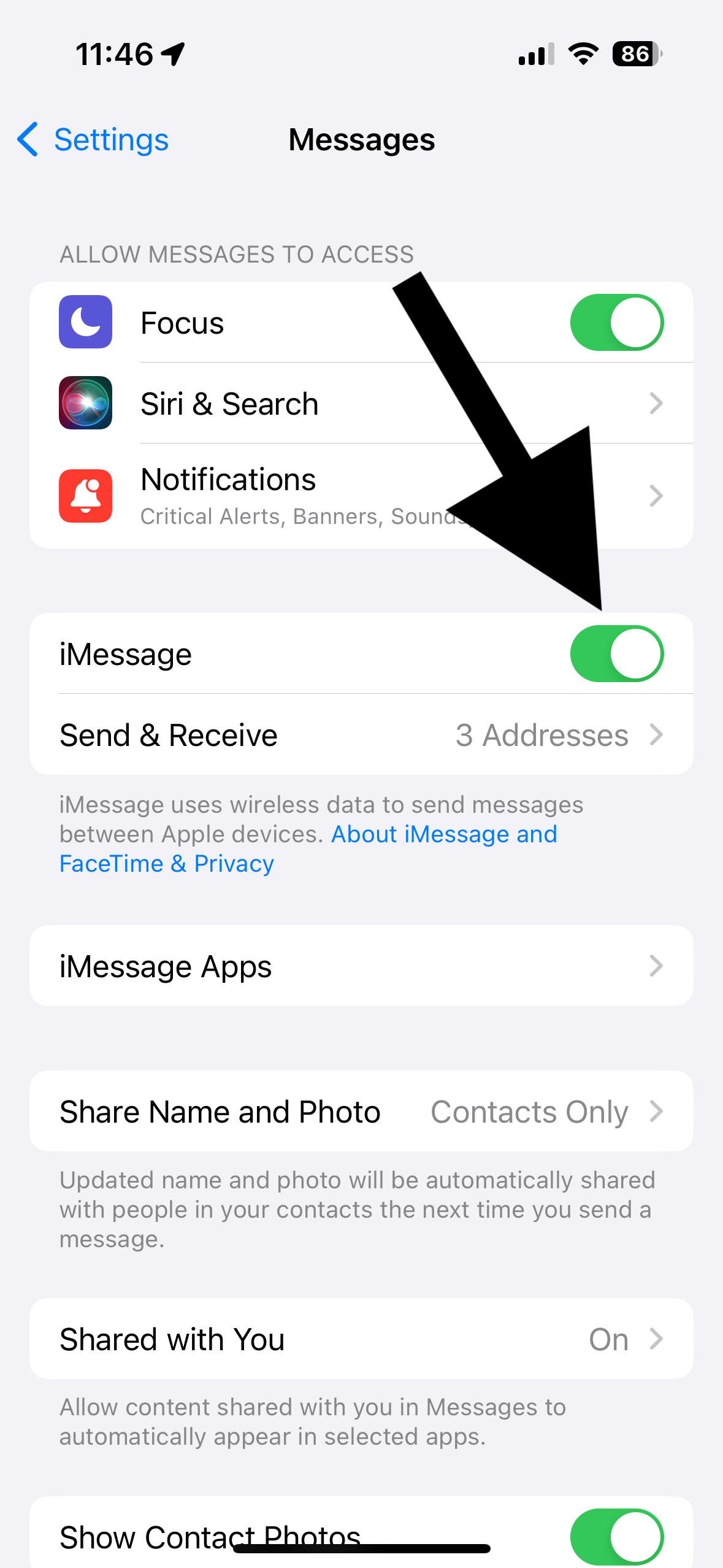 iMessage switch on iPhone