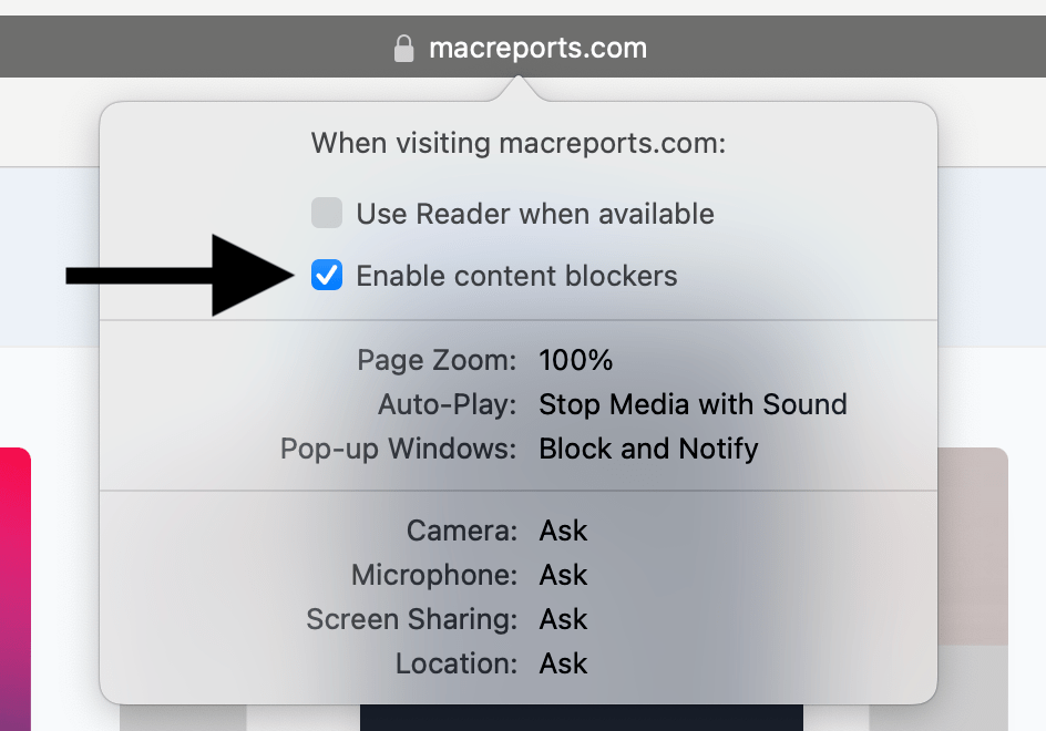 Enable content blockers checkbox 