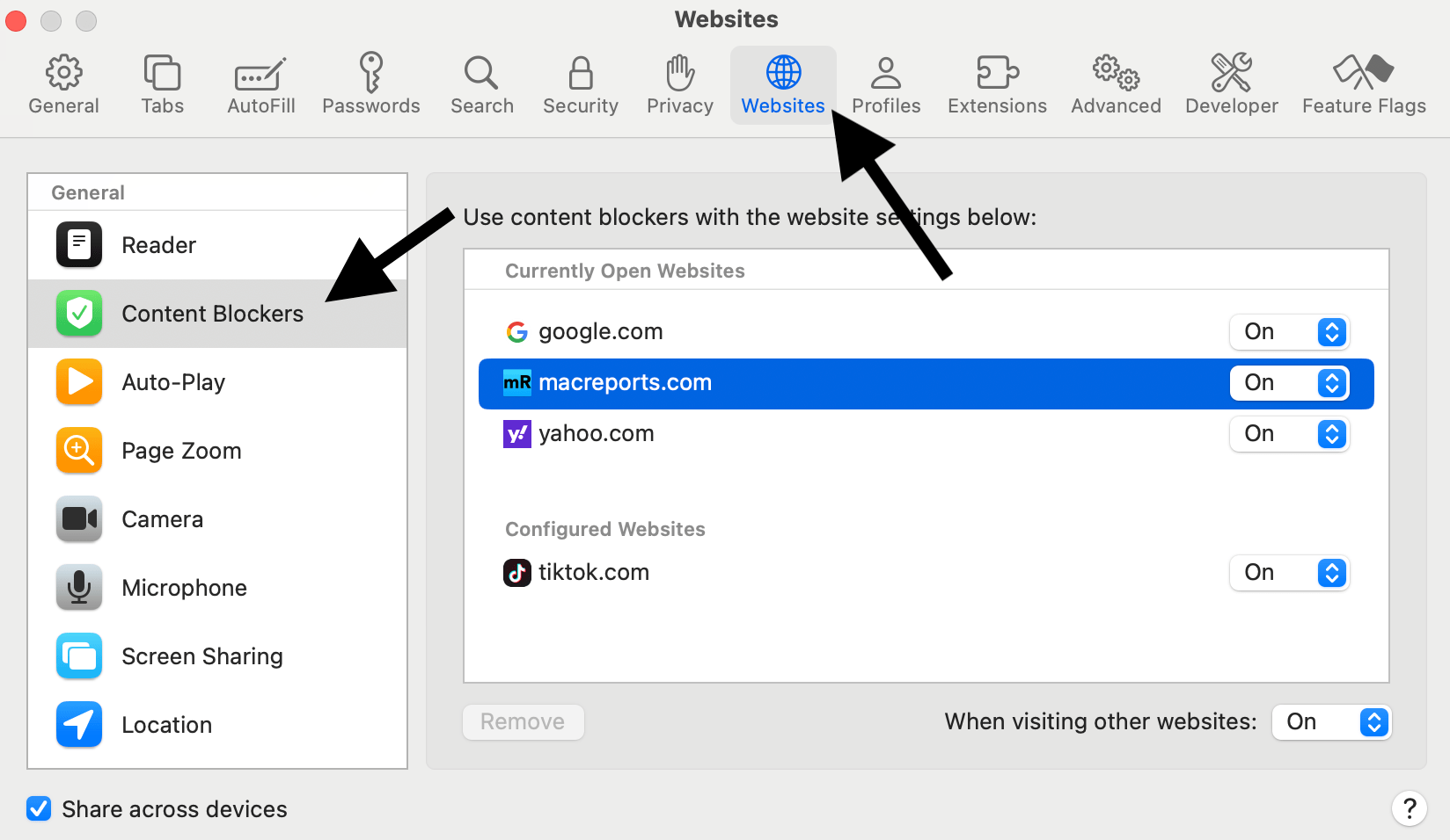 Mac Safari Content Blockers setting screen