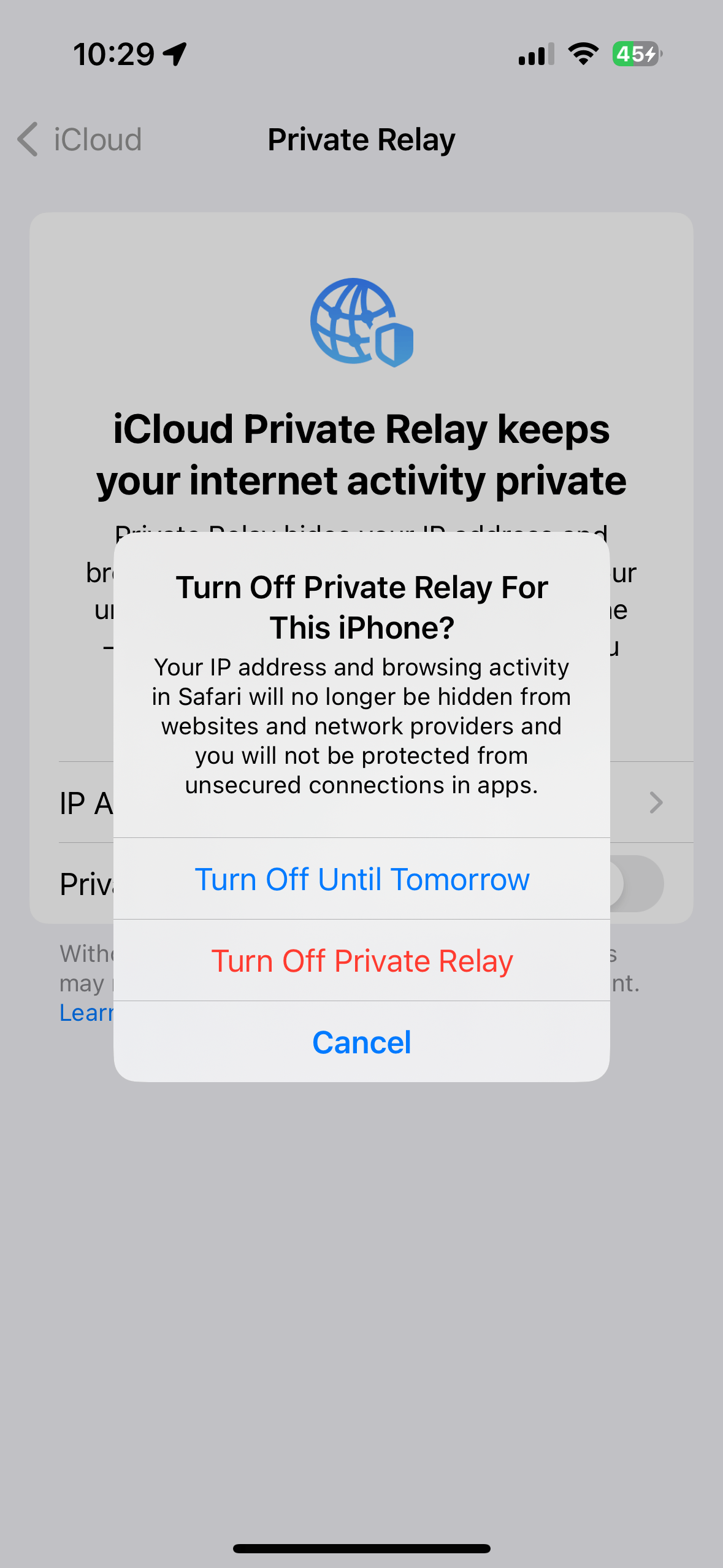 iPhone Private Relay turn off popup