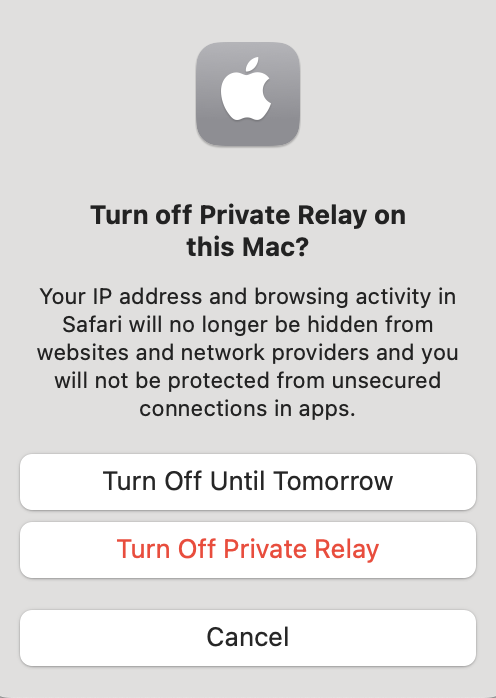 Turn off Private Relay window on Mac